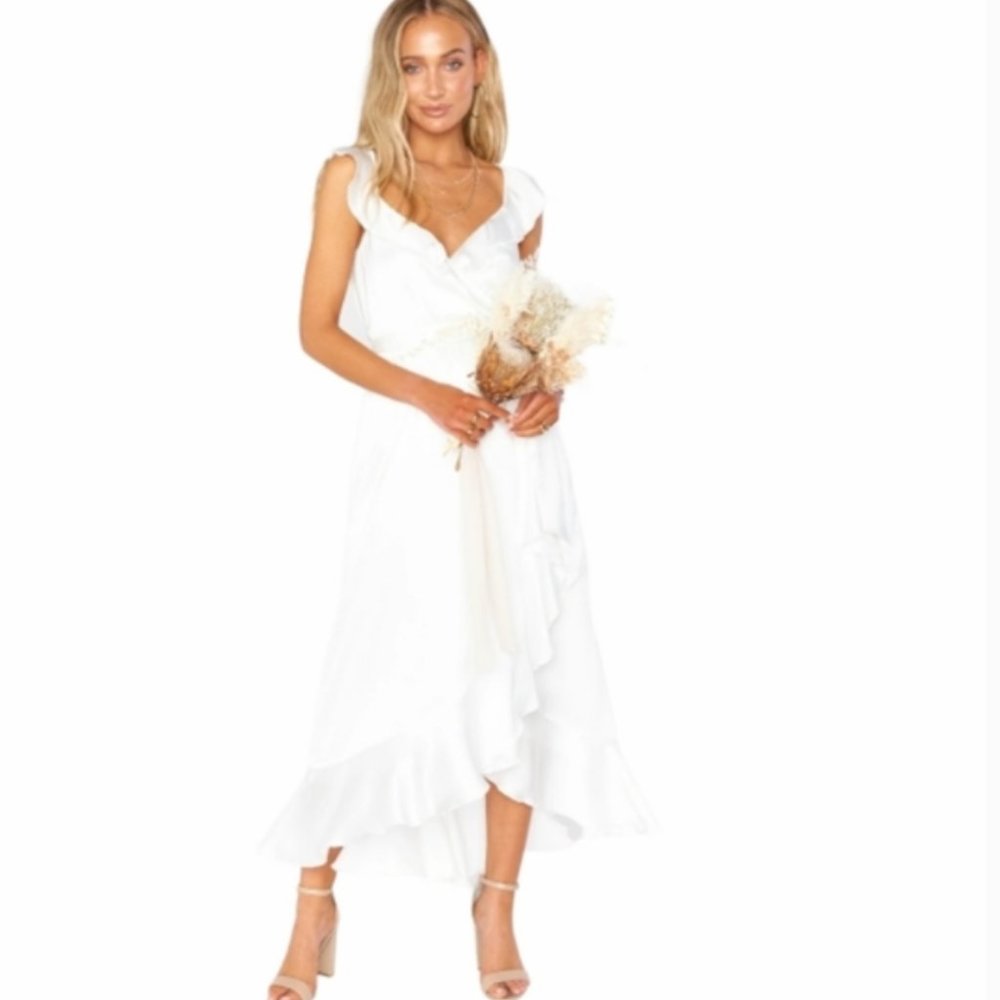 Show Me Your Mumu Samantha Ivory Ruffle Luxe Satin Wrap Dress Size XS Wedding